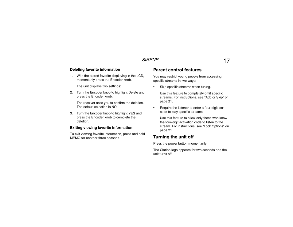 Deleting favorite info, Exiting viewing favorite info, Parental control | Power off | Clarion RPNP Plug and Play Receiver User Manual | Page 18 / 38