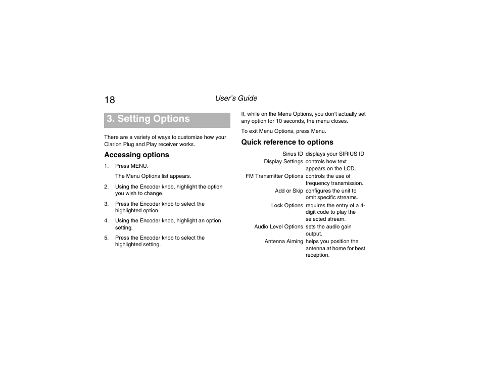 Setting options, Accessing options menu, List of menu options | Clarion RPNP Plug and Play Receiver User Manual | Page 19 / 38