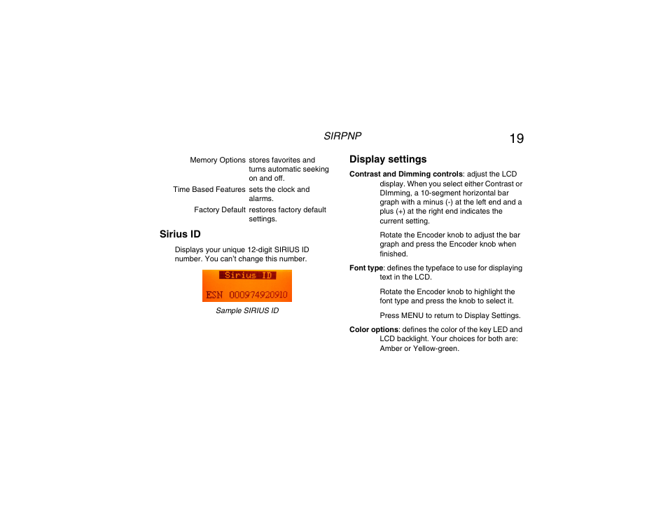 Sirius id, Display settings | Clarion RPNP Plug and Play Receiver User Manual | Page 20 / 38