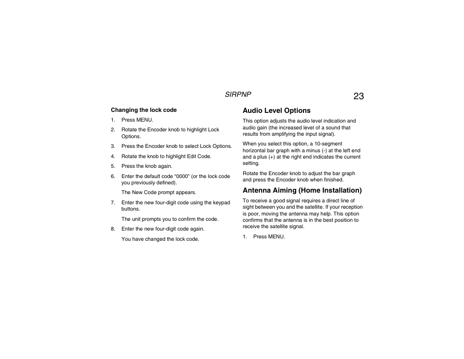 Audio level, Antenna aiming (home installation) | Clarion RPNP Plug and Play Receiver User Manual | Page 24 / 38