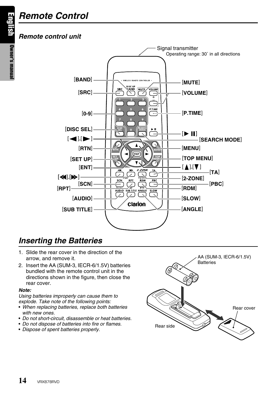 Remote control, English, Inserting the batteries | Remote control unit | Clarion VRX878RVD User Manual | Page 10 / 79