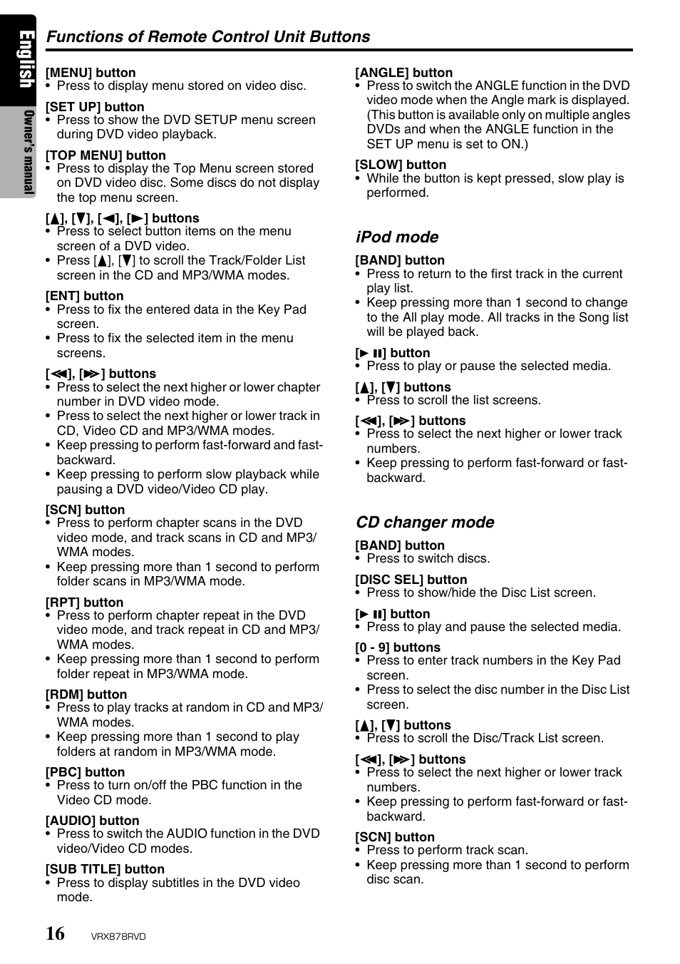 English, Functions of remote control unit buttons, Ipod mode | Cd changer mode | Clarion VRX878RVD User Manual | Page 12 / 79