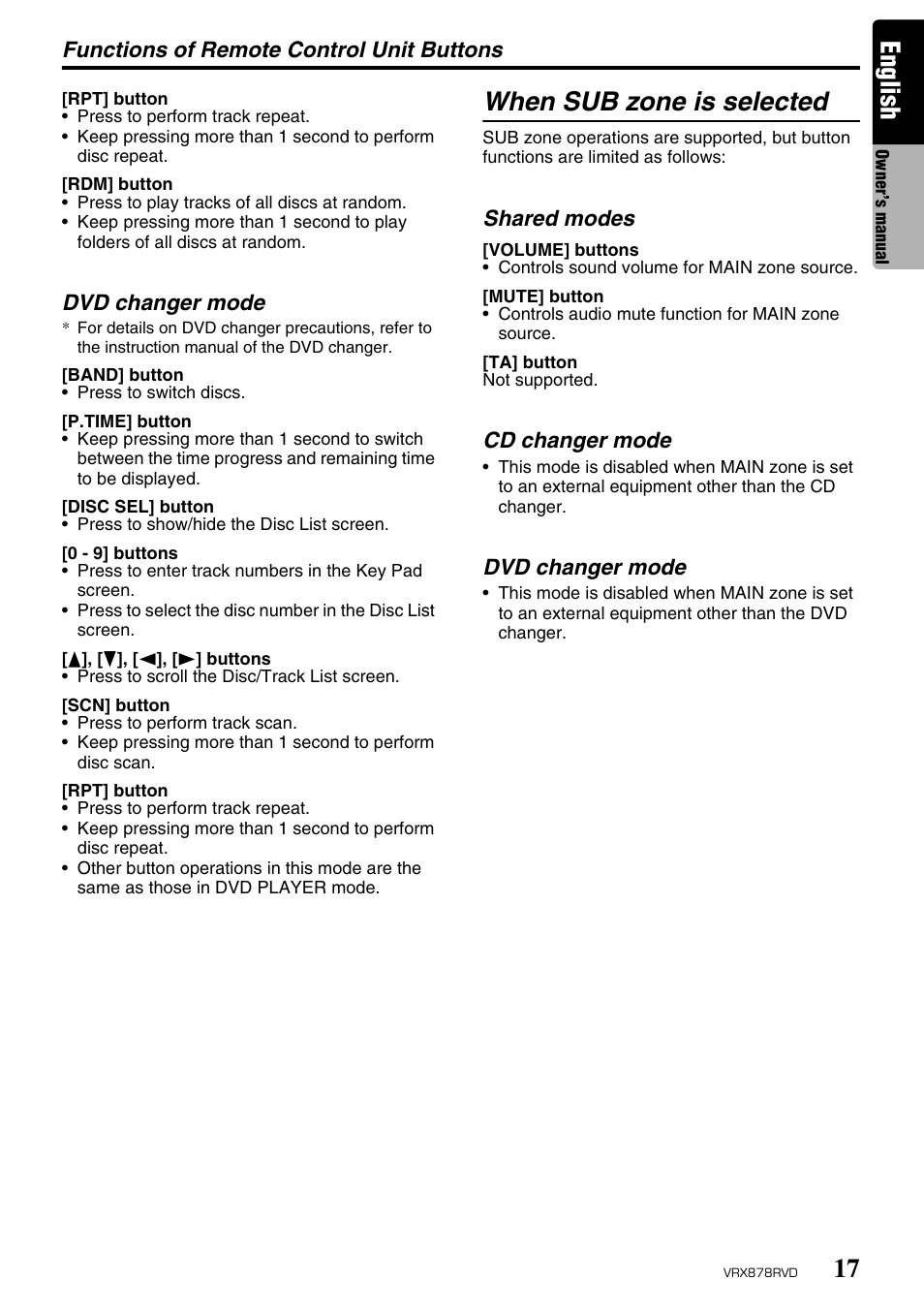 English, When sub zone is selected | Clarion VRX878RVD User Manual | Page 13 / 79