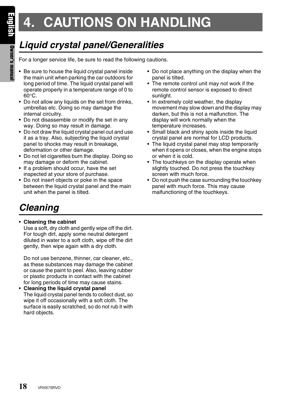 Cautions on handling, Liquid crystal panel/generalities, Cleaning | English | Clarion VRX878RVD User Manual | Page 14 / 79