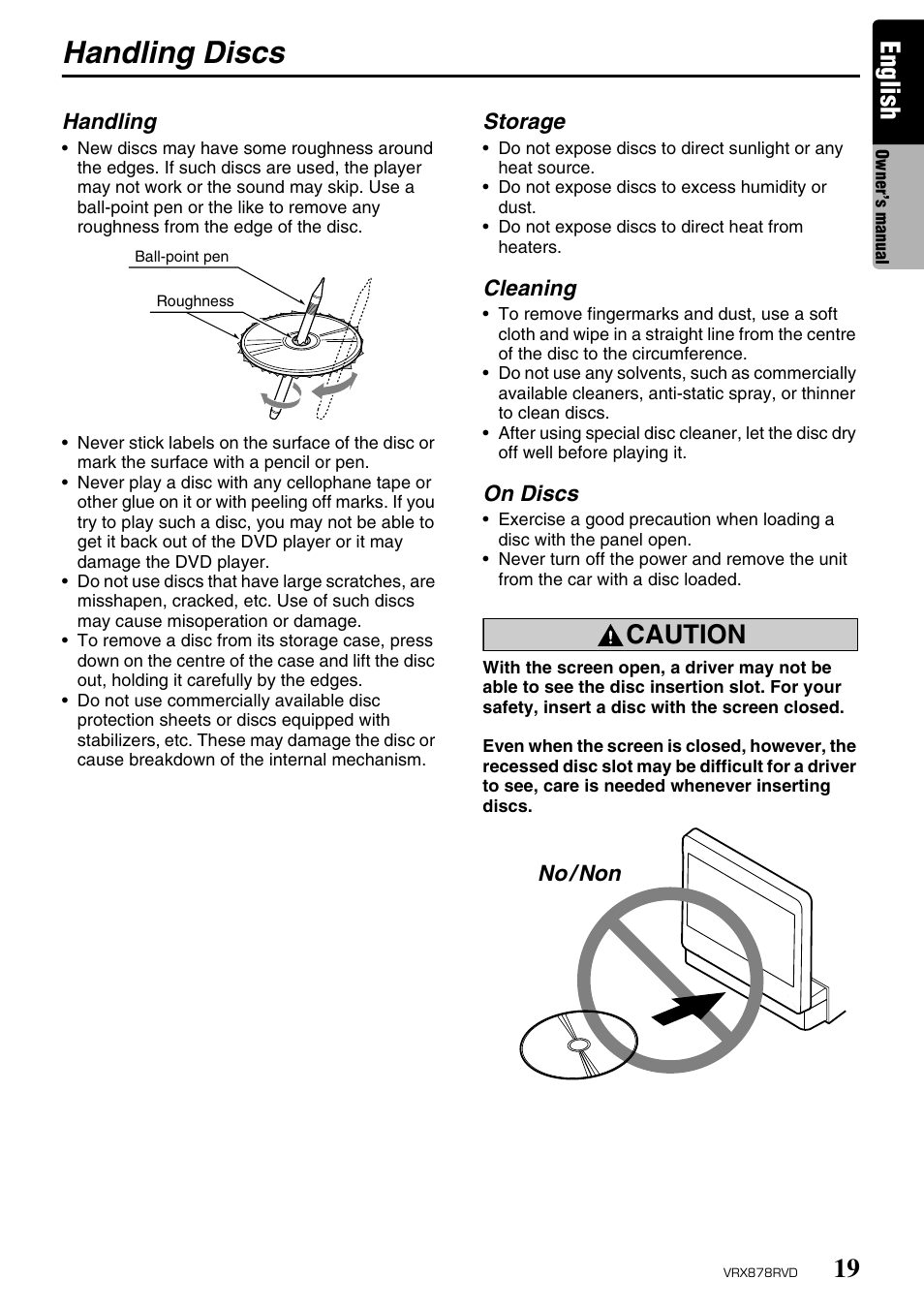Handling discs, English, Caution | Clarion VRX878RVD User Manual | Page 15 / 79