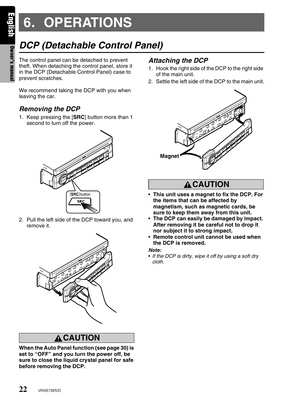 Operations, Dcp (detachable control panel), English | Caution | Clarion VRX878RVD User Manual | Page 18 / 79