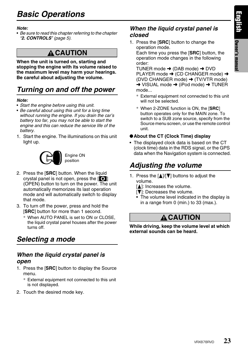 Basic operations, English, Caution | Turning on and off the power, Selecting a mode, Adjusting the volume | Clarion VRX878RVD User Manual | Page 19 / 79