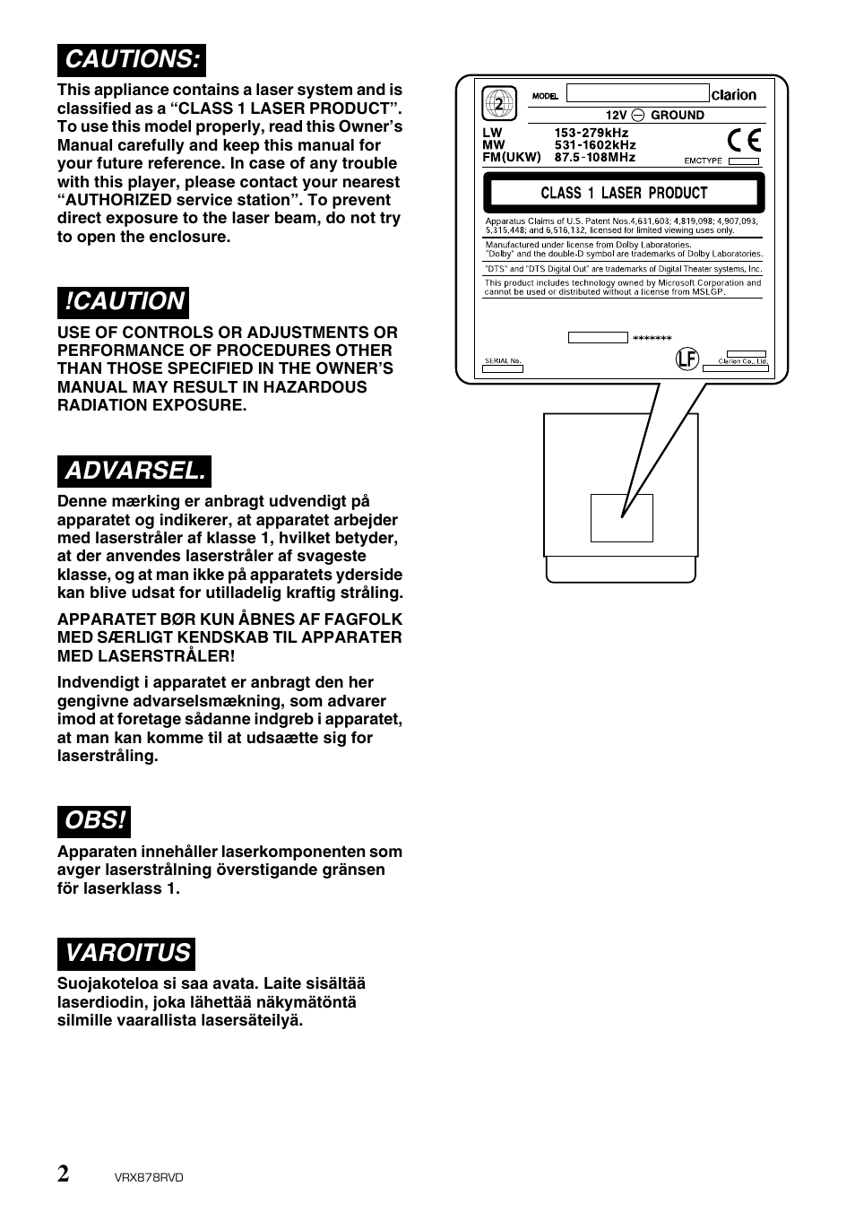 Cautions: !caution advarsel. obs! varoitus | Clarion VRX878RVD User Manual | Page 2 / 79