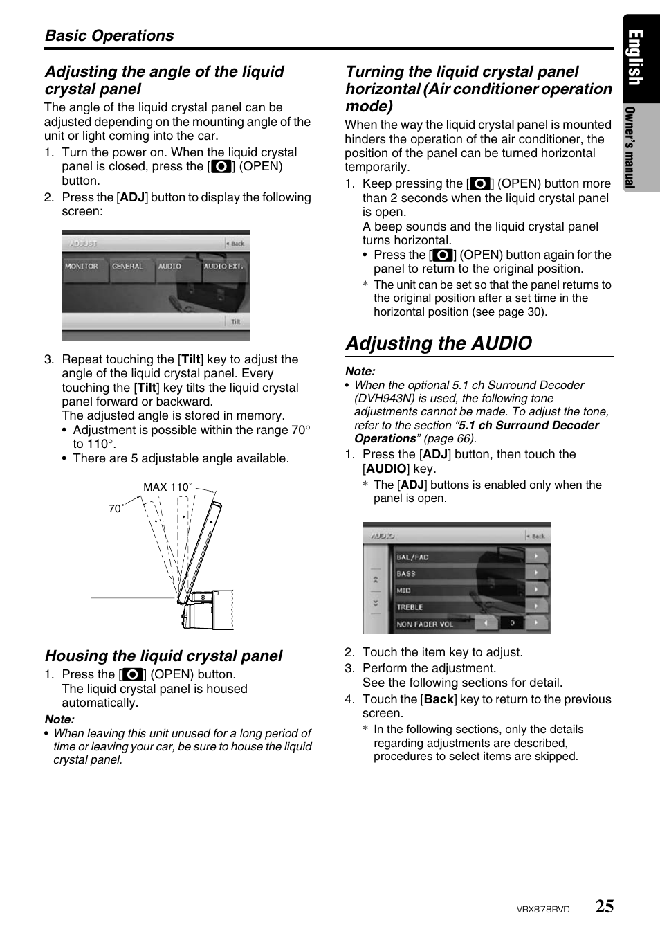 English, Adjusting the audio, Basic operations | Adjusting the angle of the liquid crystal panel, Housing the liquid crystal panel | Clarion VRX878RVD User Manual | Page 21 / 79