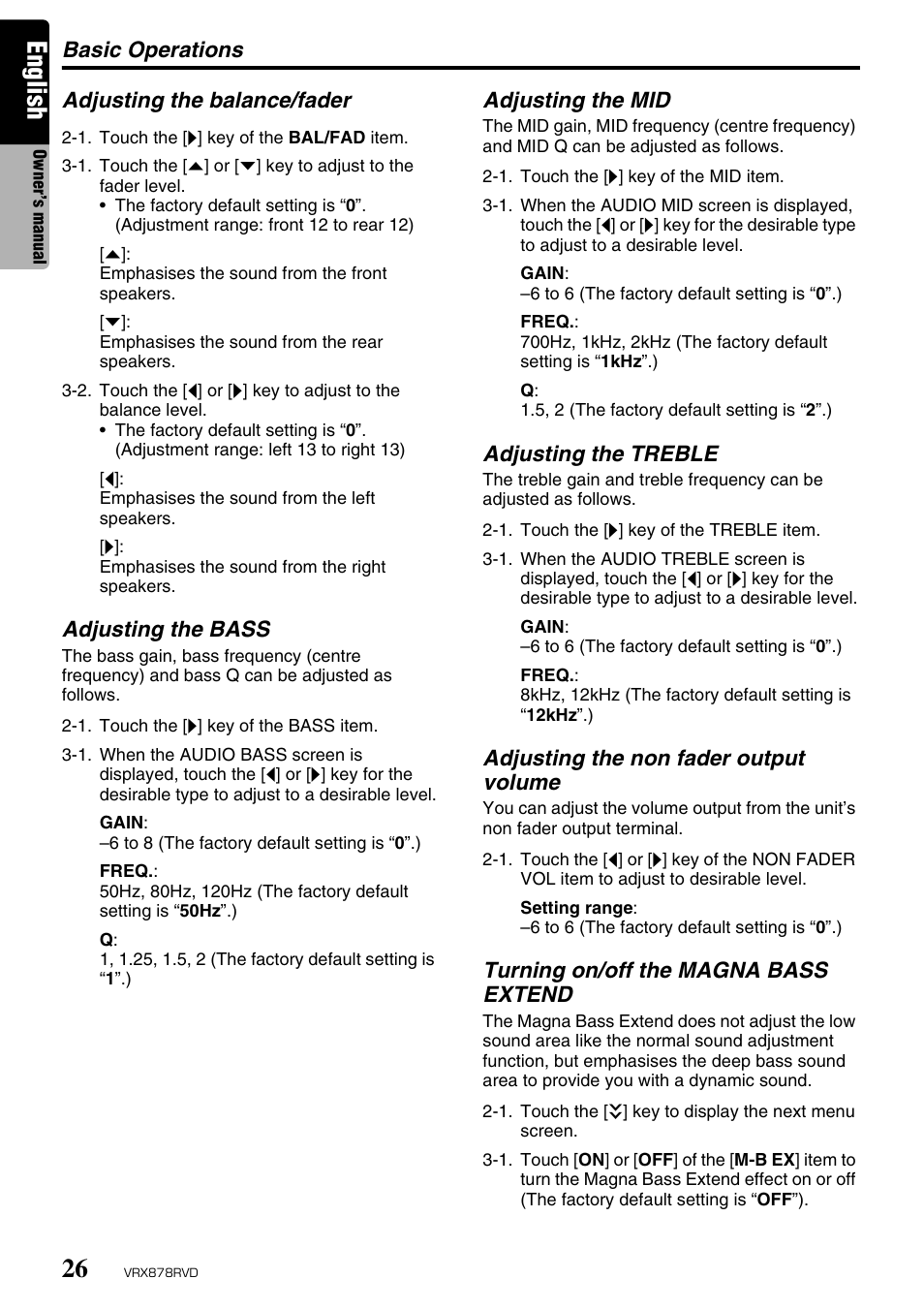 English, Basic operations, Adjusting the balance/fader adjusting the bass | Adjusting the mid, Adjusting the treble, Adjusting the non fader output volume, Turning on/off the magna bass extend | Clarion VRX878RVD User Manual | Page 22 / 79