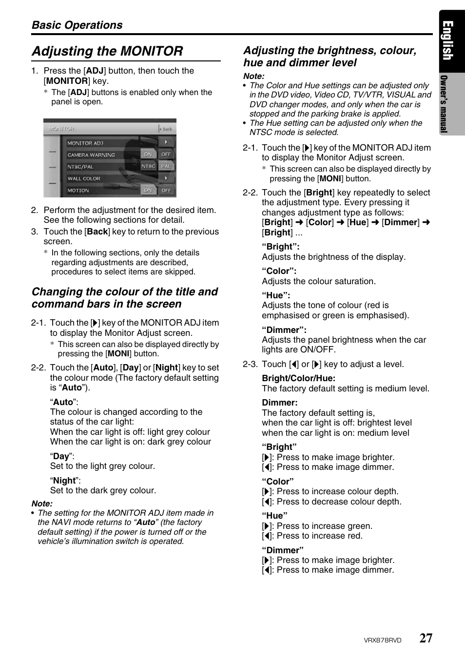 English, Adjusting the monitor, Basic operations | Clarion VRX878RVD User Manual | Page 23 / 79