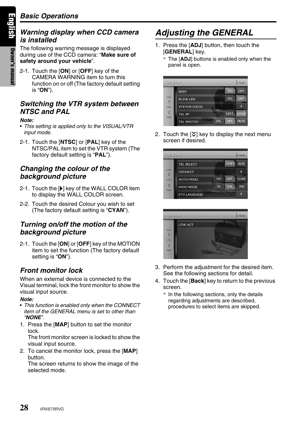 English, Adjusting the general | Clarion VRX878RVD User Manual | Page 24 / 79