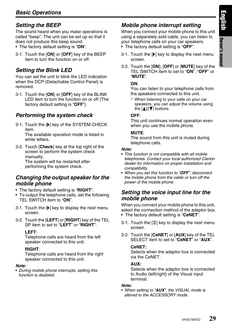 English, Basic operations, Setting the beep | Setting the blink led, Mobile phone interrupt setting, Setting the voice input line for the mobile phone | Clarion VRX878RVD User Manual | Page 25 / 79