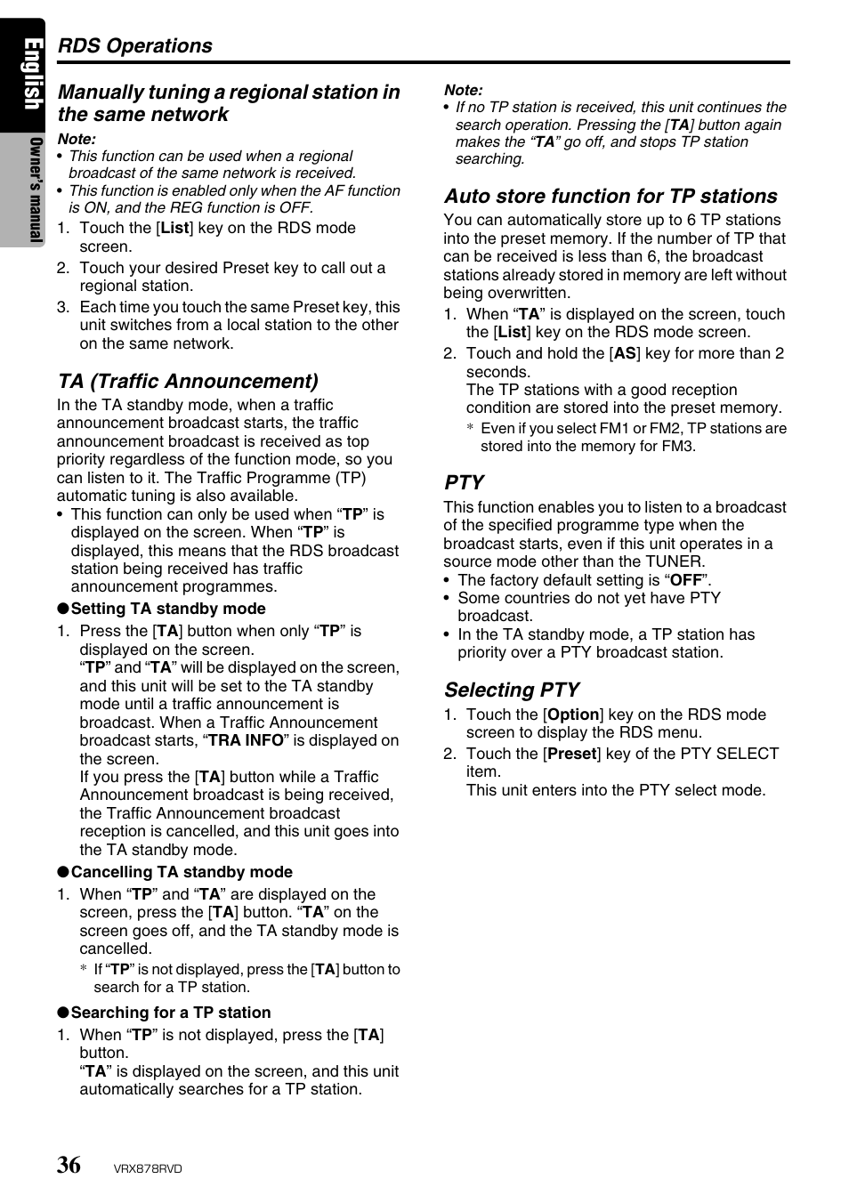 English, Rds operations, Ta (traffic announcement) | Auto store function for tp stations, Selecting pty | Clarion VRX878RVD User Manual | Page 32 / 79
