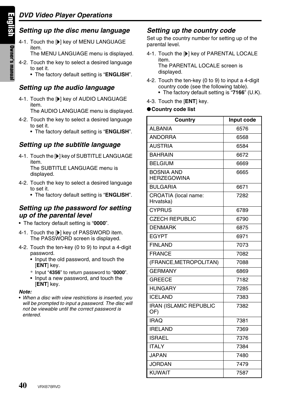 English, Dvd video player operations, Setting up the country code | Clarion VRX878RVD User Manual | Page 36 / 79