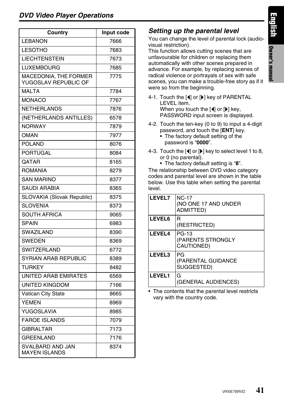 English, Dvd video player operations, Setting up the parental level | Clarion VRX878RVD User Manual | Page 37 / 79