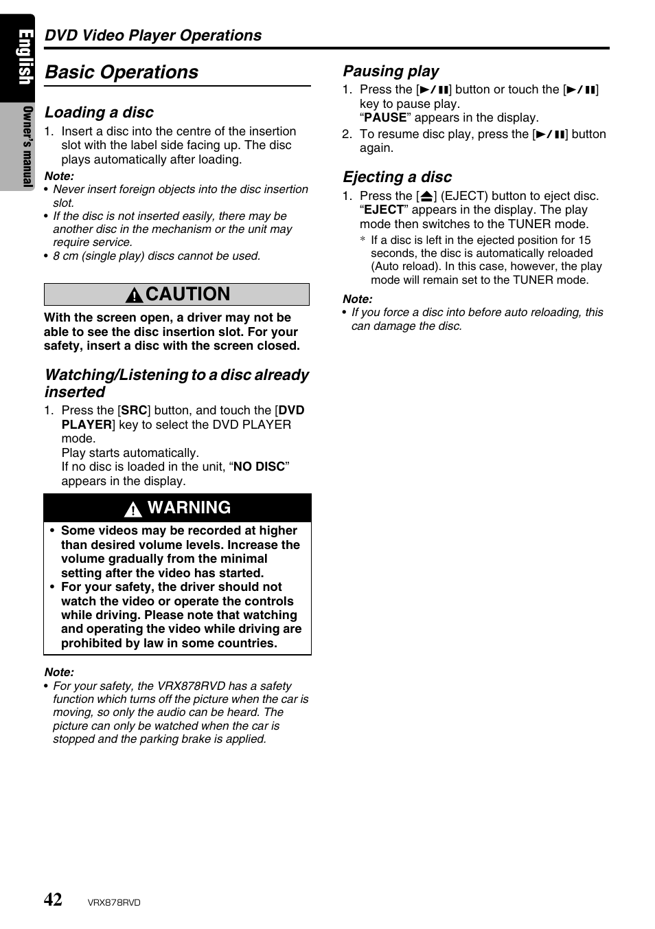 English, Basic operations, Caution | Warning | Clarion VRX878RVD User Manual | Page 38 / 79
