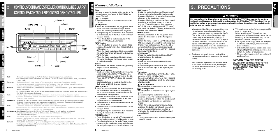 Precautions, Names of buttons, English | Português dansk, Warning, Information for users | Clarion VRX878RVD User Manual | Page 4 / 79