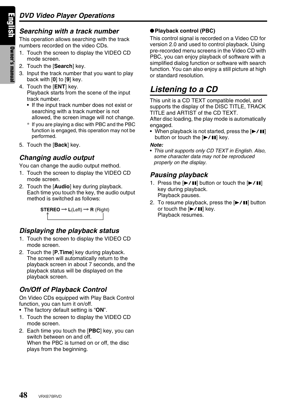English, Listening to a cd | Clarion VRX878RVD User Manual | Page 44 / 79