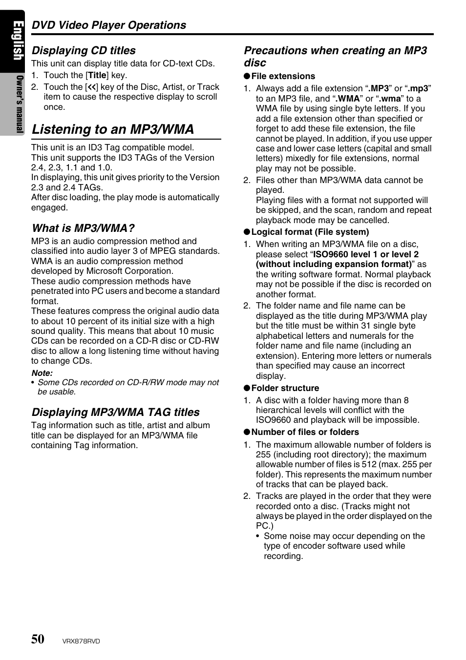 English, Listening to an mp3/wma | Clarion VRX878RVD User Manual | Page 46 / 79