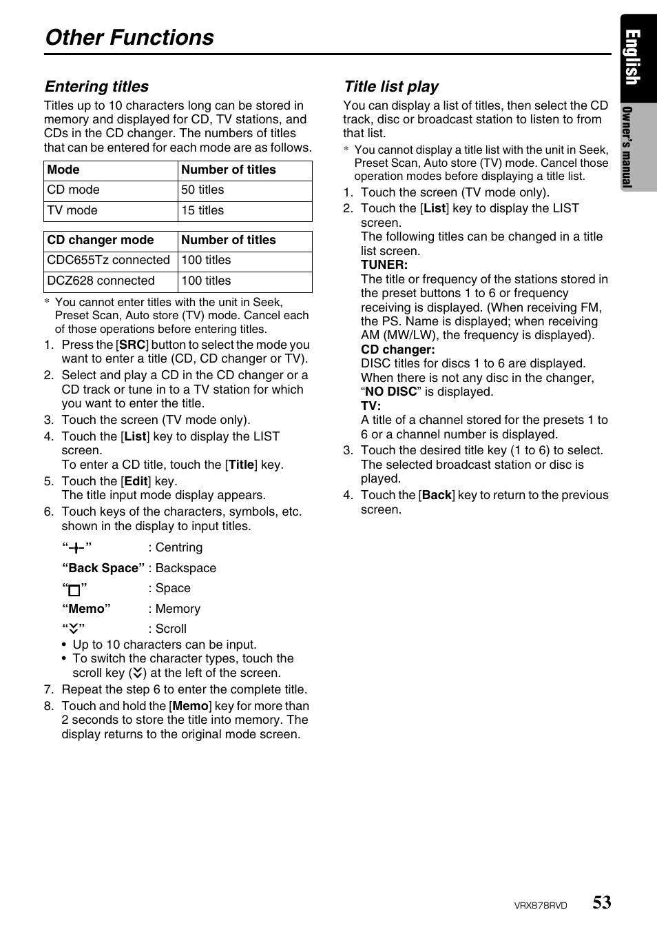 Other functions, English, Entering titles | Title list play | Clarion VRX878RVD User Manual | Page 49 / 79