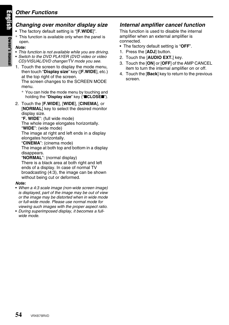 English, Other functions, Changing over monitor display size | Internal amplifier cancel function | Clarion VRX878RVD User Manual | Page 50 / 79