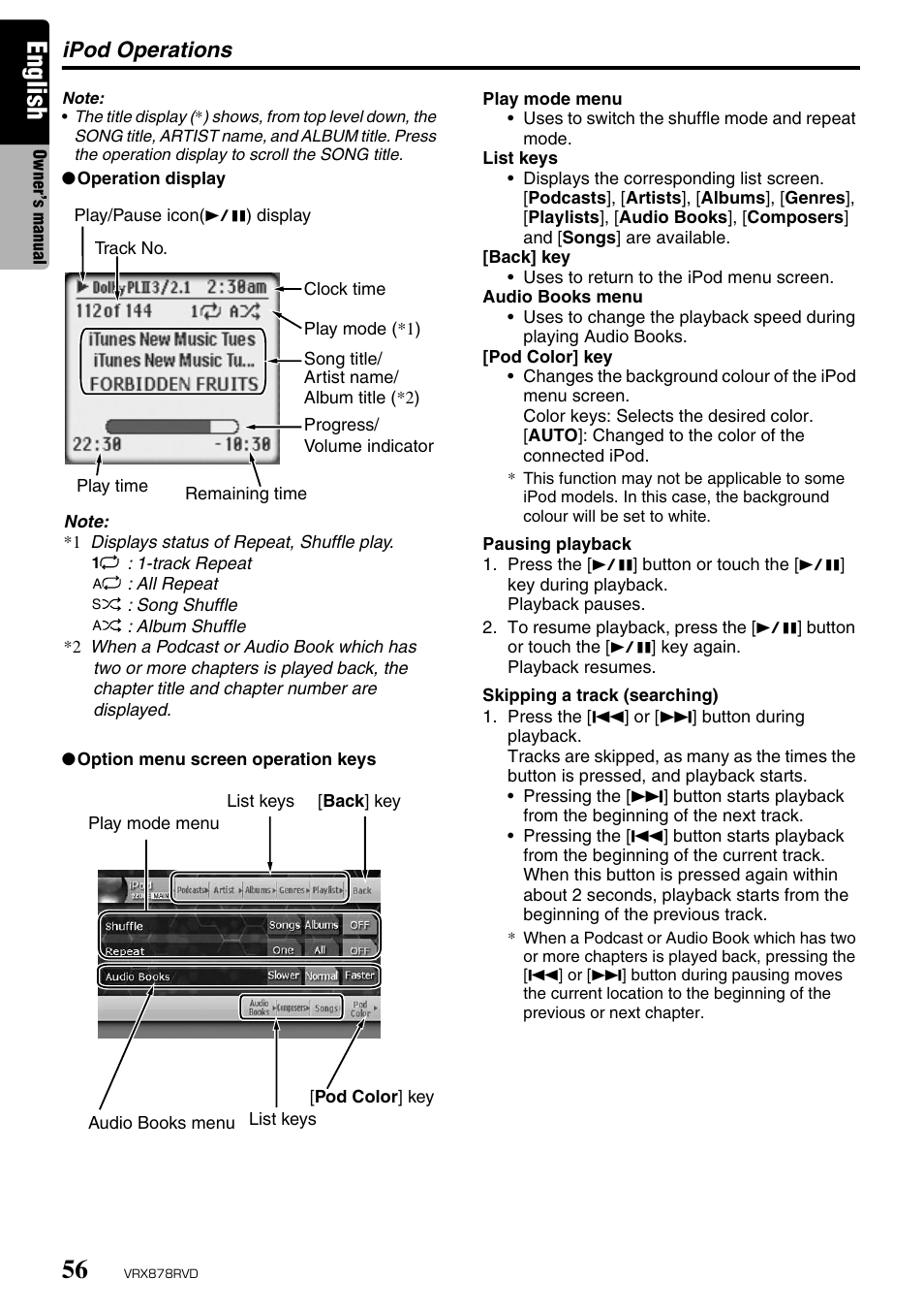 English, Ipod operations | Clarion VRX878RVD User Manual | Page 52 / 79
