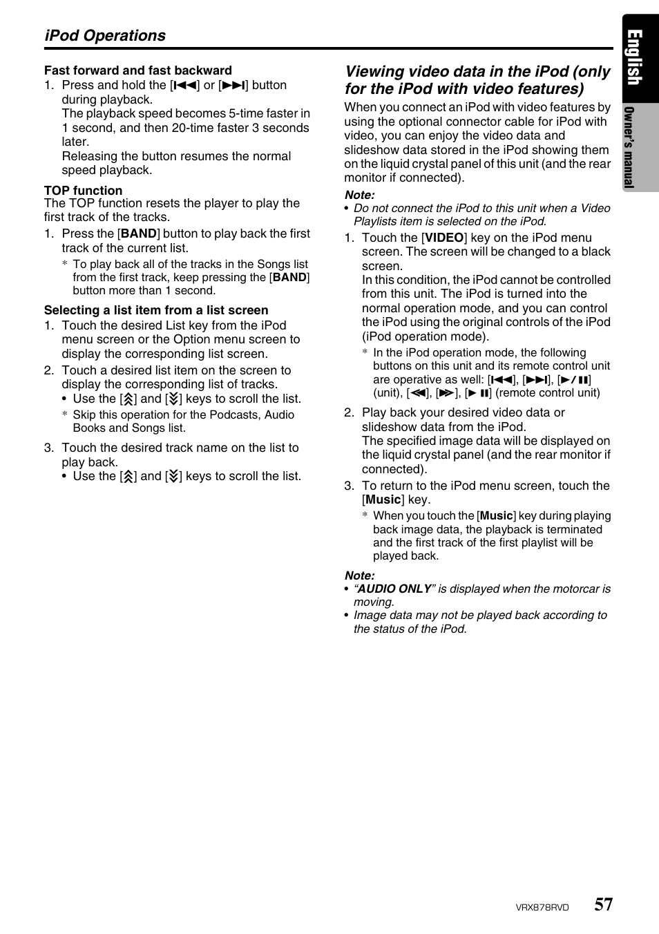English, Ipod operations | Clarion VRX878RVD User Manual | Page 53 / 79