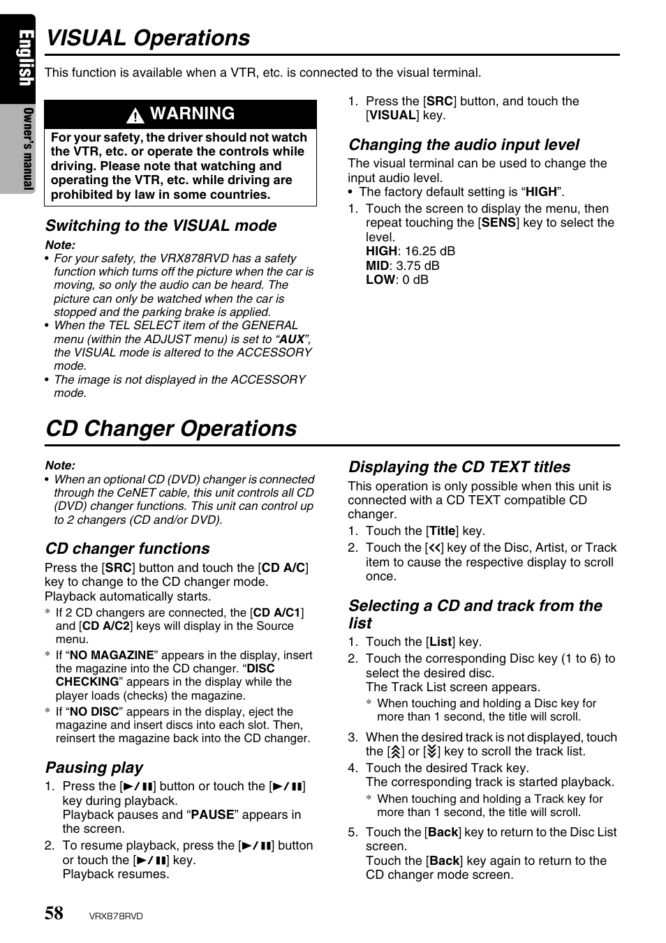 Visual operations, Cd changer operations, English | Warning | Clarion VRX878RVD User Manual | Page 54 / 79