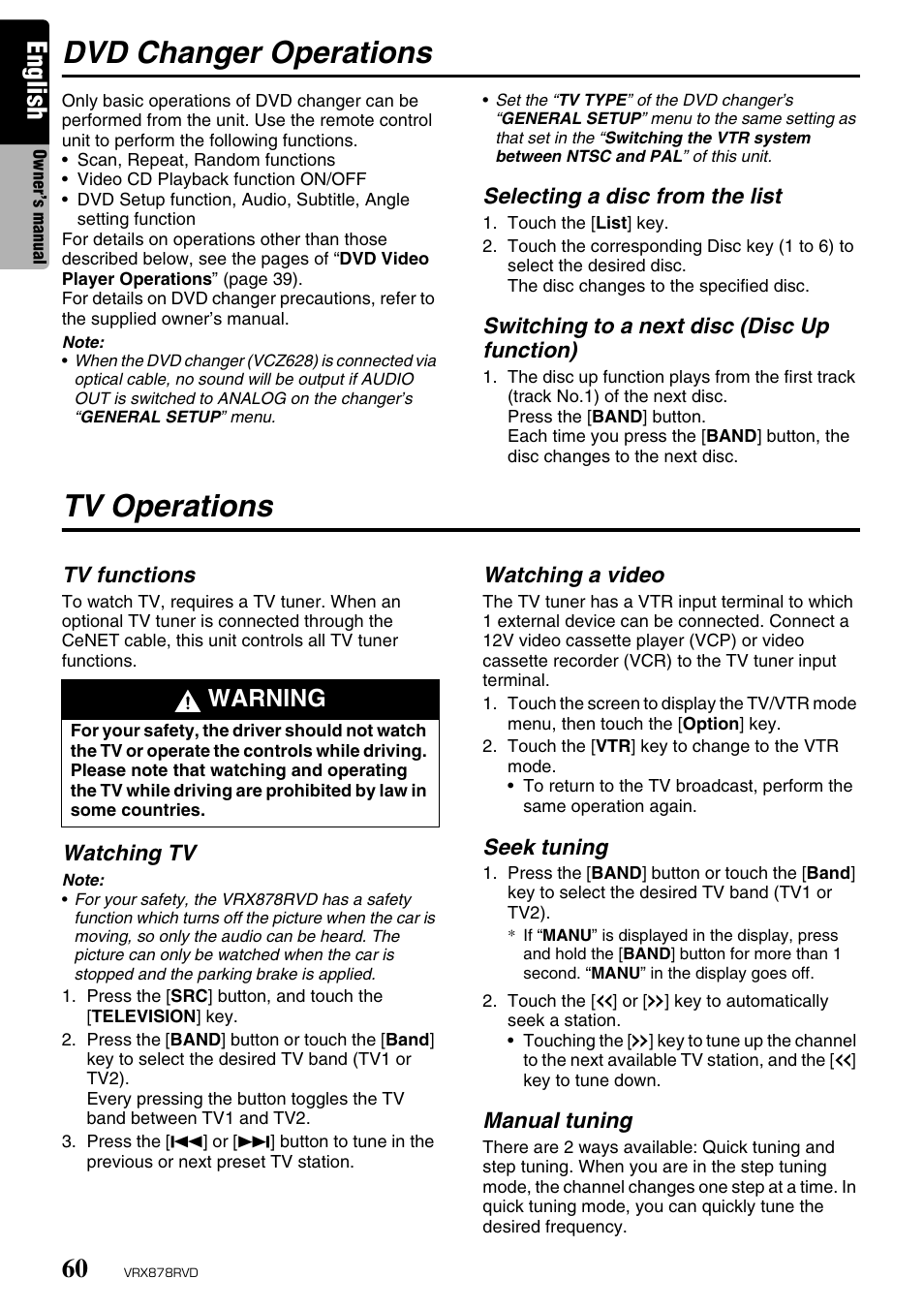 Dvd changer operations, Tv operations, English | Warning | Clarion VRX878RVD User Manual | Page 56 / 79