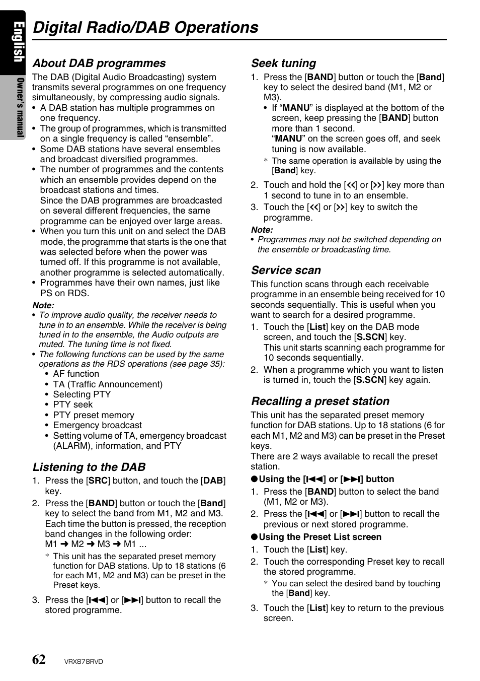 Digital radio/dab operations, English, About dab programmes | Listening to the dab, Seek tuning, Service scan, Recalling a preset station | Clarion VRX878RVD User Manual | Page 58 / 79