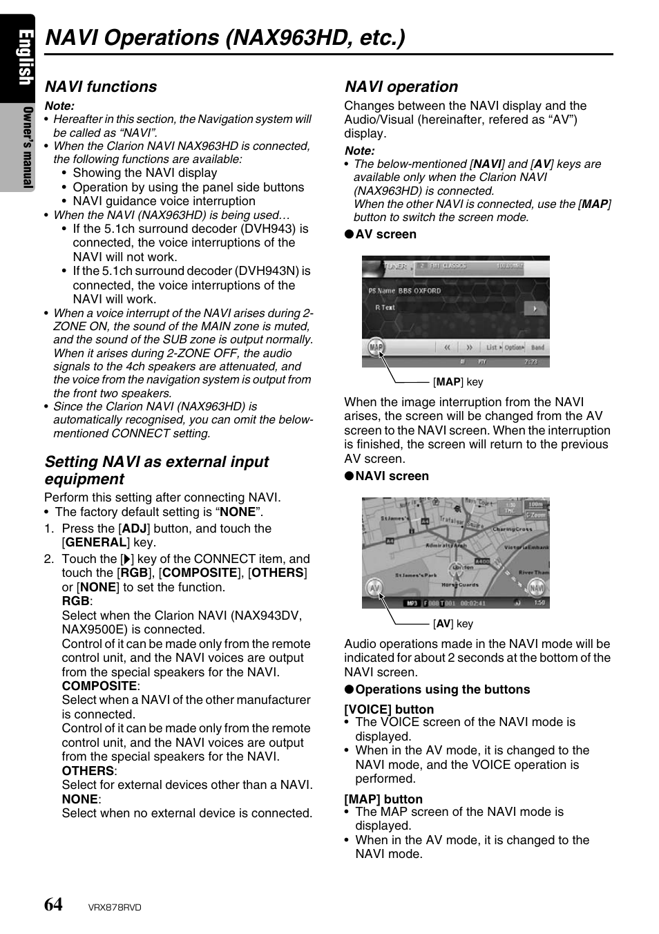 Navi operations (nax963hd, etc.), English, Navi functions | Setting navi as external input equipment, Navi operation | Clarion VRX878RVD User Manual | Page 60 / 79