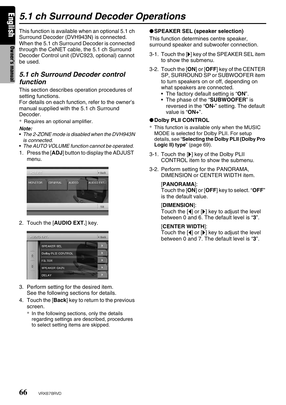1 ch surround decoder operations, English, 1 ch surround decoder control function | Clarion VRX878RVD User Manual | Page 62 / 79