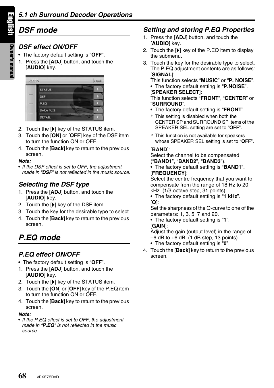English, Dsf mode, P.eq mode | Clarion VRX878RVD User Manual | Page 64 / 79