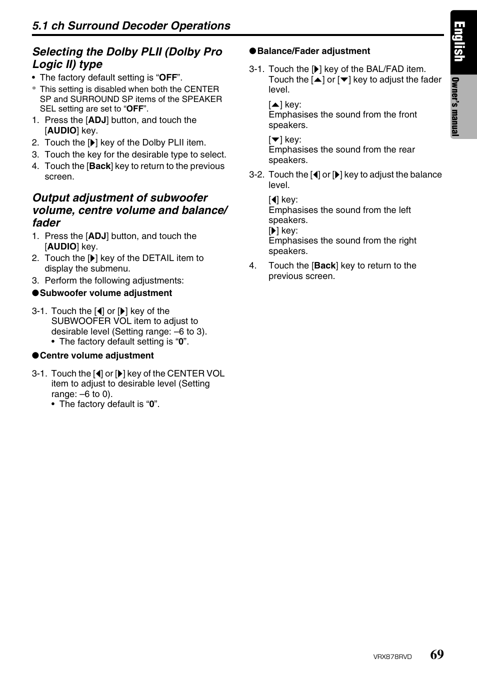 English, 1 ch surround decoder operations, Selecting the dolby plii (dolby pro logic ii) type | Clarion VRX878RVD User Manual | Page 65 / 79