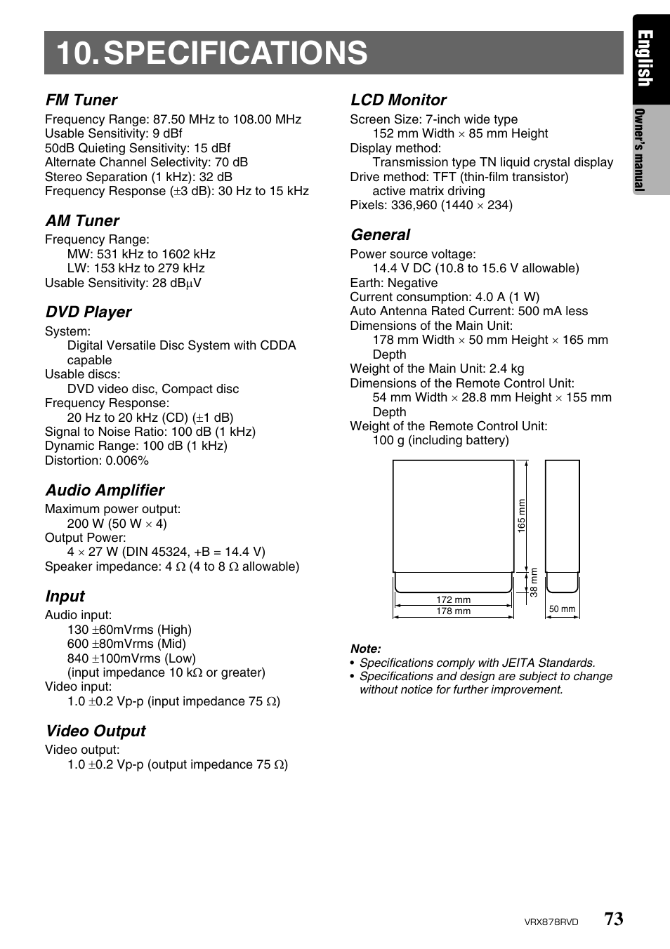 Specifications, English | Clarion VRX878RVD User Manual | Page 69 / 79