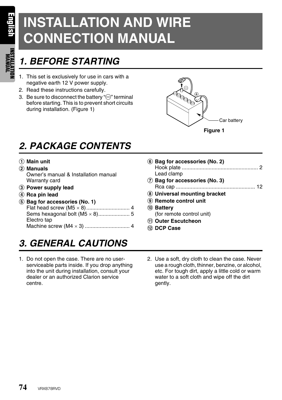 Installation and wire connection manual, Before starting, Package contents | General cautions, English | Clarion VRX878RVD User Manual | Page 70 / 79