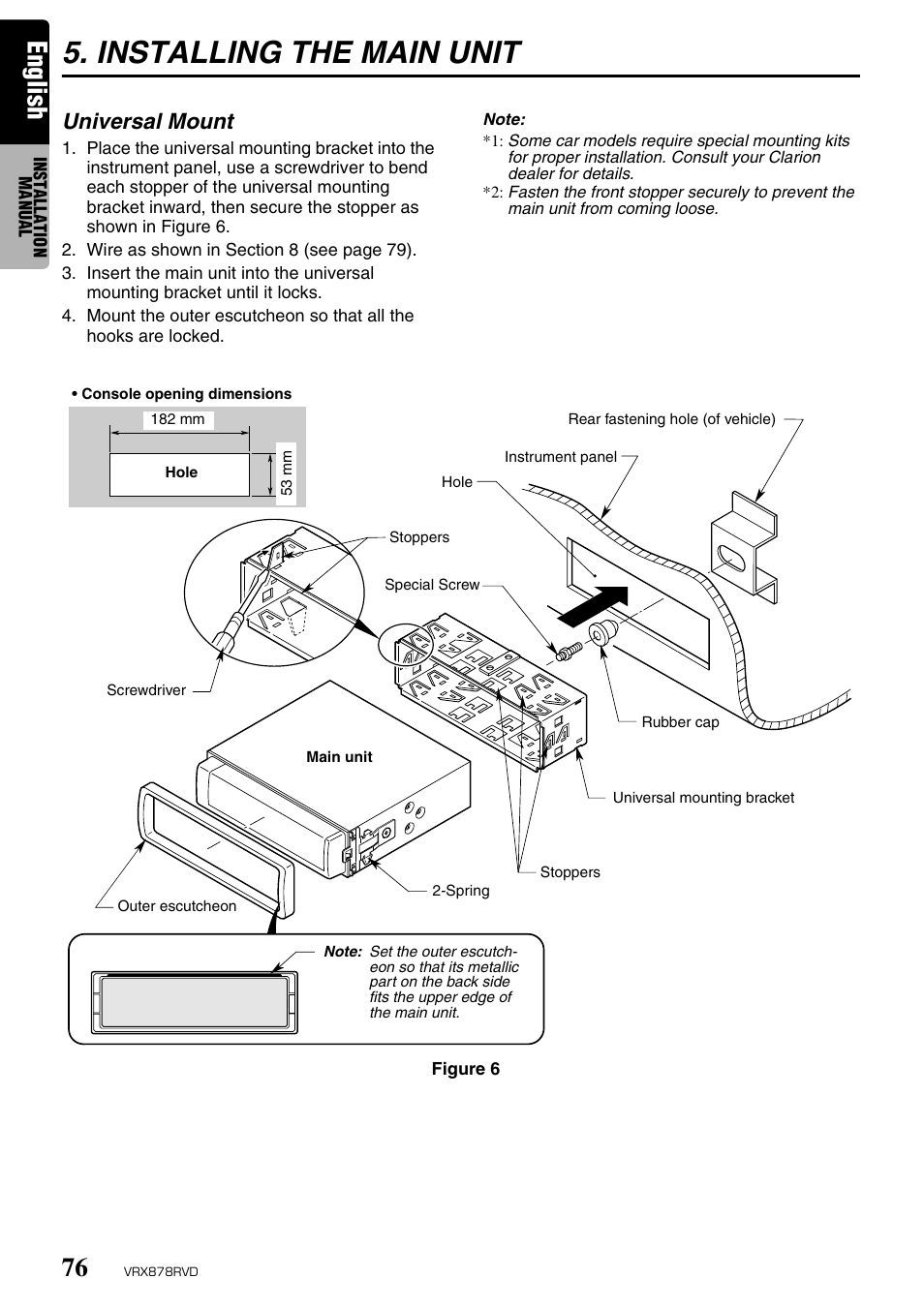 Installing the main unit, English, Universal mount | Clarion VRX878RVD User Manual | Page 72 / 79