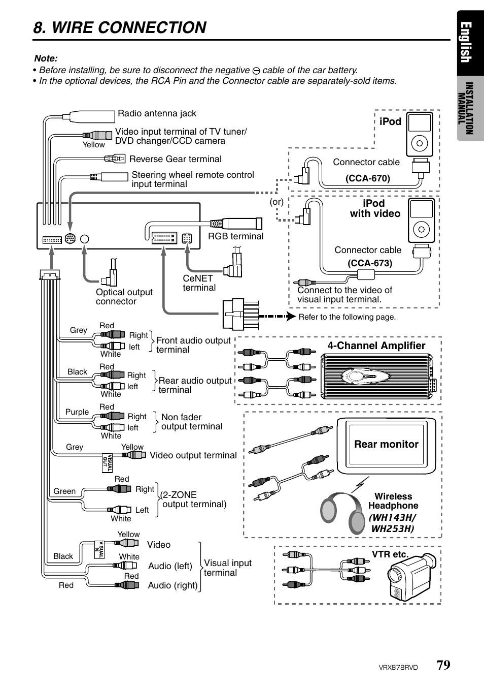 Wire connection, English | Clarion VRX878RVD User Manual | Page 75 / 79