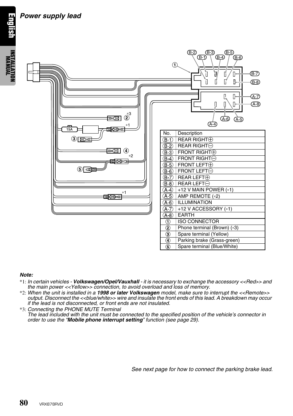 English, Power supply lead | Clarion VRX878RVD User Manual | Page 76 / 79