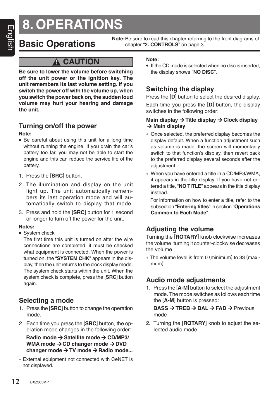 Operations, Basic operations, 12 english | Caution, Turning on/off the power, Selecting a mode, Switching the display, Adjusting the volume, Audio mode adjustments | Clarion DXZ365MP User Manual | Page 10 / 28