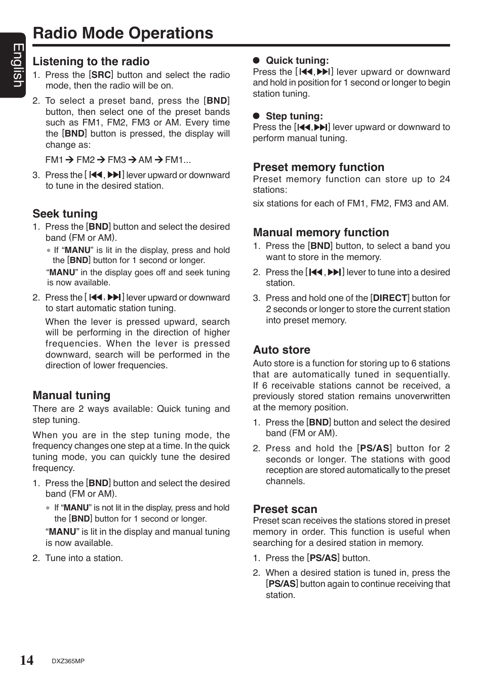 Radio mode operations, 14 english, Listening to the radio | Seek tuning, Auto store, Preset scan, Manual tuning | Clarion DXZ365MP User Manual | Page 12 / 28