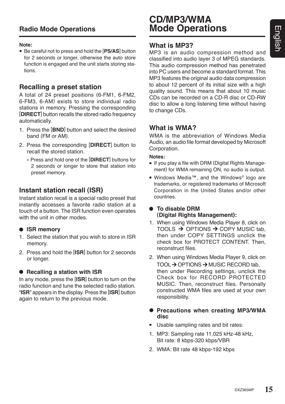 Cd/mp3/wma mode operations, 15 english, Instant station recall (isr) | Radio mode operations recalling a preset station, What is mp3, What is wma | Clarion DXZ365MP User Manual | Page 13 / 28