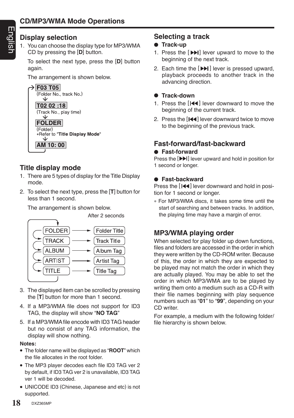 18 english, Cd/mp3/wma mode operations title display mode, Selecting a track | Fast-forward/fast-backward, Mp3/wma playing order, Display selection | Clarion DXZ365MP User Manual | Page 16 / 28