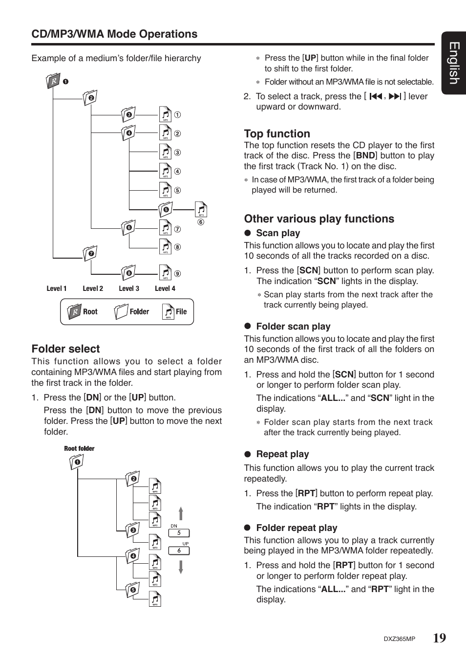19 english, Cd/mp3/wma mode operations folder select, Top function | Other various play functions | Clarion DXZ365MP User Manual | Page 17 / 28