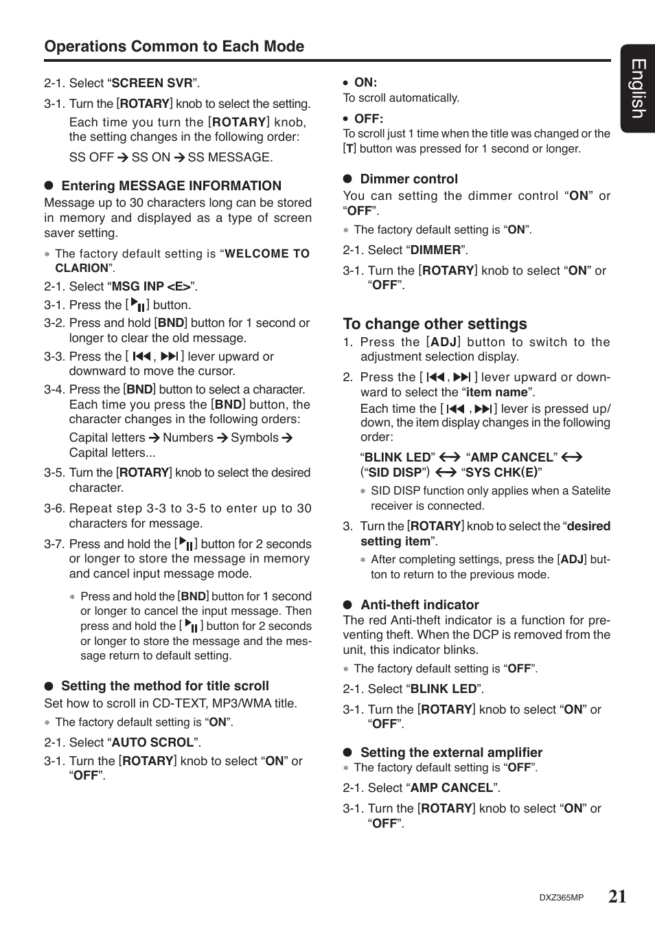 21 english, Operations common to each mode | Clarion DXZ365MP User Manual | Page 19 / 28