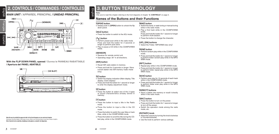Controls, Button terminology, Names of the buttons and their functions | Controls / commandes / controles, English, Main unit / appareil principal / unidad principal, Fran çais espa сol | Clarion DXZ365MP User Manual | Page 2 / 28