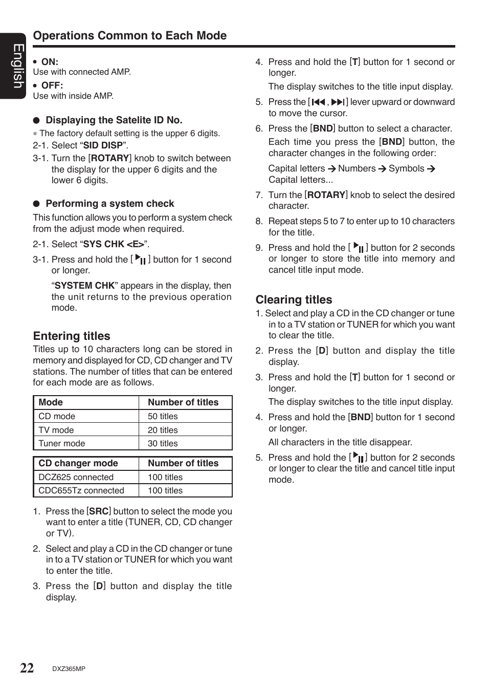 22 english, Operations common to each mode clearing titles, Entering titles | Clarion DXZ365MP User Manual | Page 20 / 28