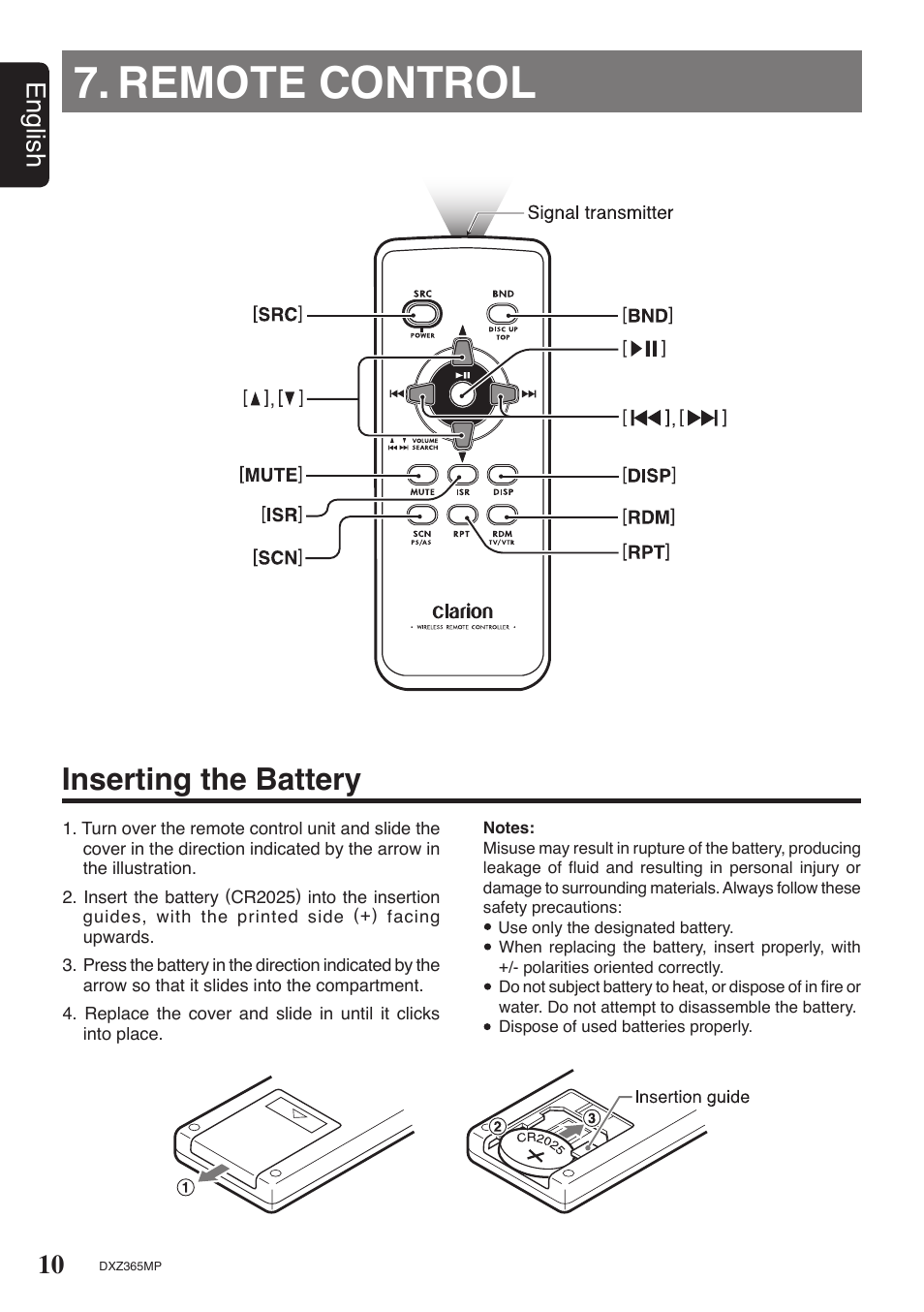 Remote control, Inserting the battery, 10 english | Clarion DXZ365MP User Manual | Page 8 / 28