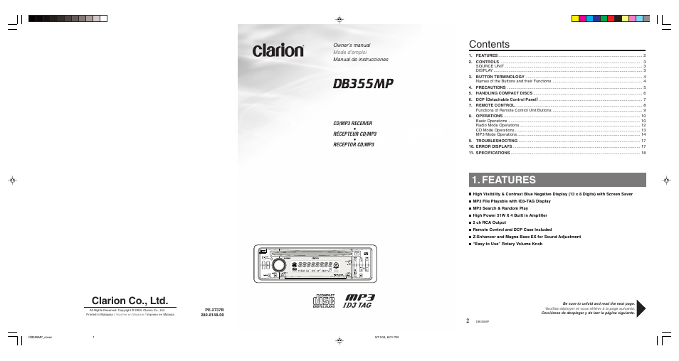 Db346mp, Clarion co., ltd, Contents 1. features | Clarion DB355MP User Manual | Page 17 / 17